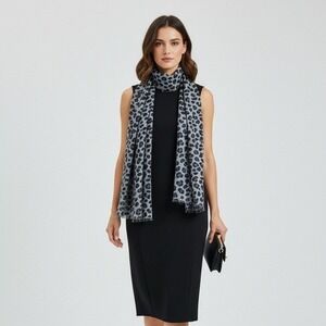 Kashmere 100% Cashmere Scarf Women Gray Blue Leopard Print Wrap NWT